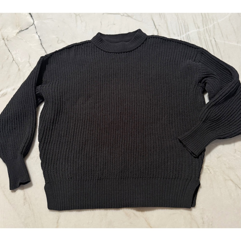 Aerie Womens Black Ribbed Shaker Stitch Crew Neck Oversized Sweater XXS